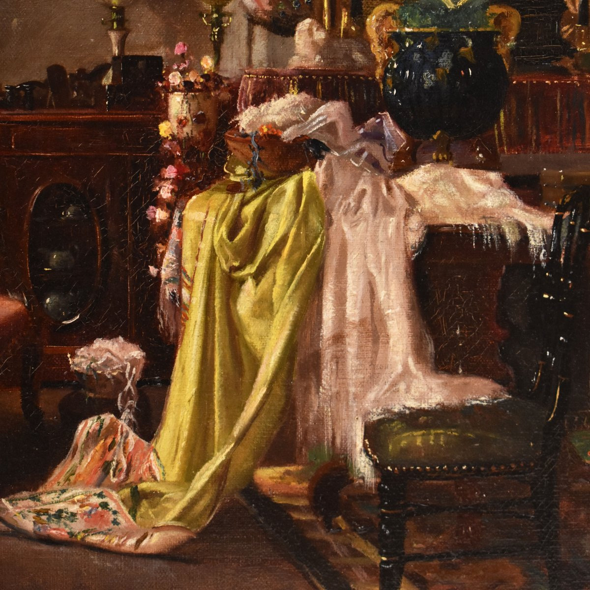 Antique Painting, Bourgeois Interior, Oil On Canvas Painting, XIX Century. (qp730)-photo-4
