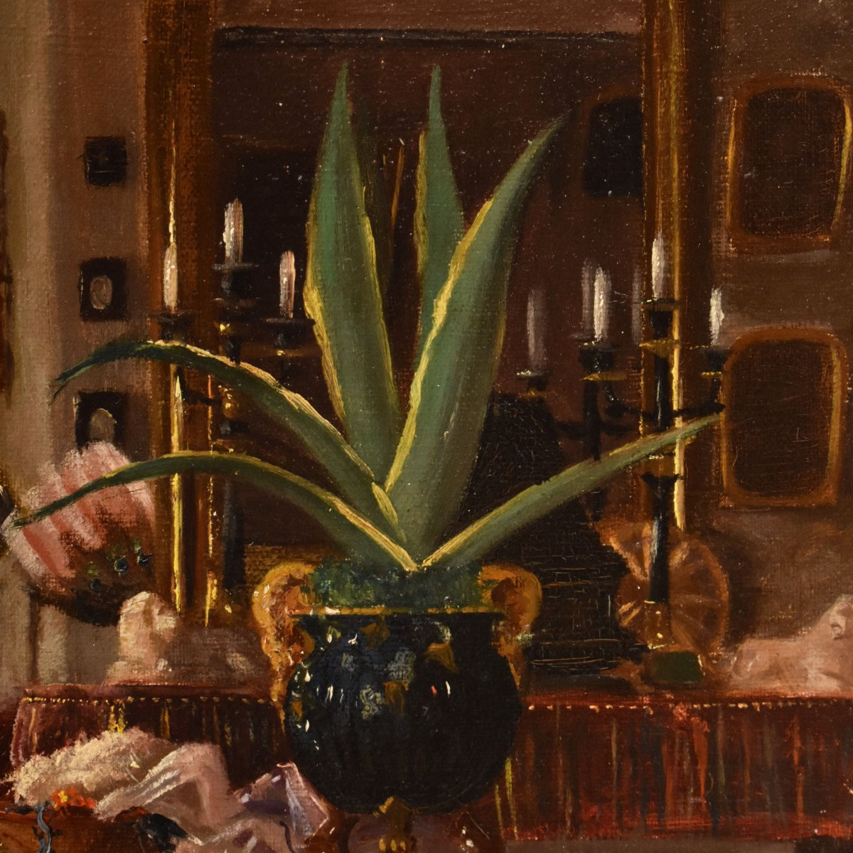 Antique Painting, Bourgeois Interior, Oil On Canvas Painting, XIX Century. (qp730)-photo-1