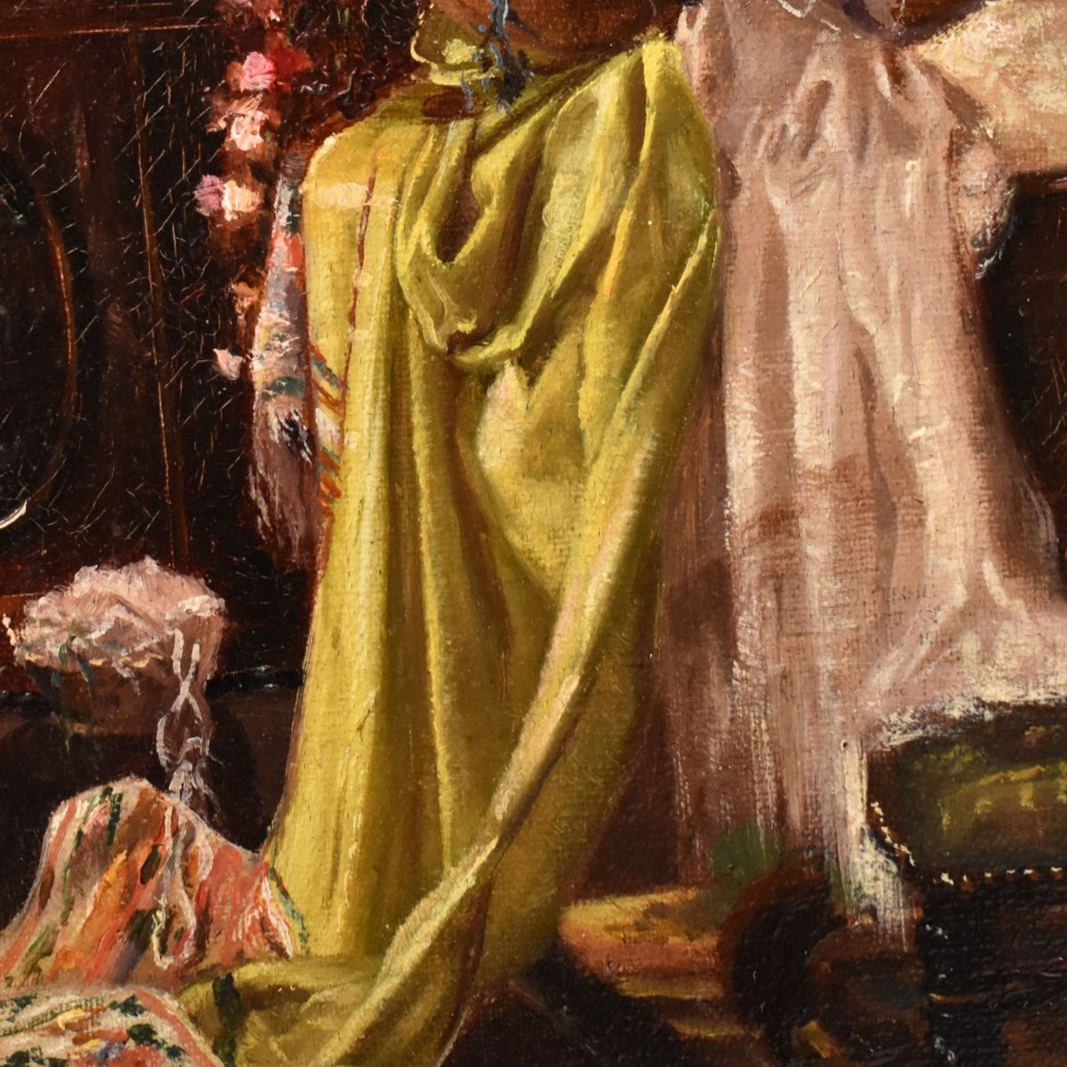 Antique Painting, Bourgeois Interior, Oil On Canvas Painting, XIX Century. (qp730)-photo-2