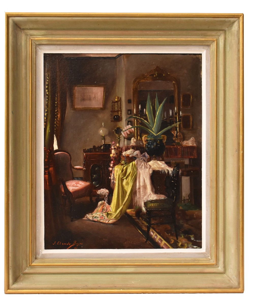 Antique Painting, Bourgeois Interior, Oil On Canvas Painting, XIX Century. (qp730)