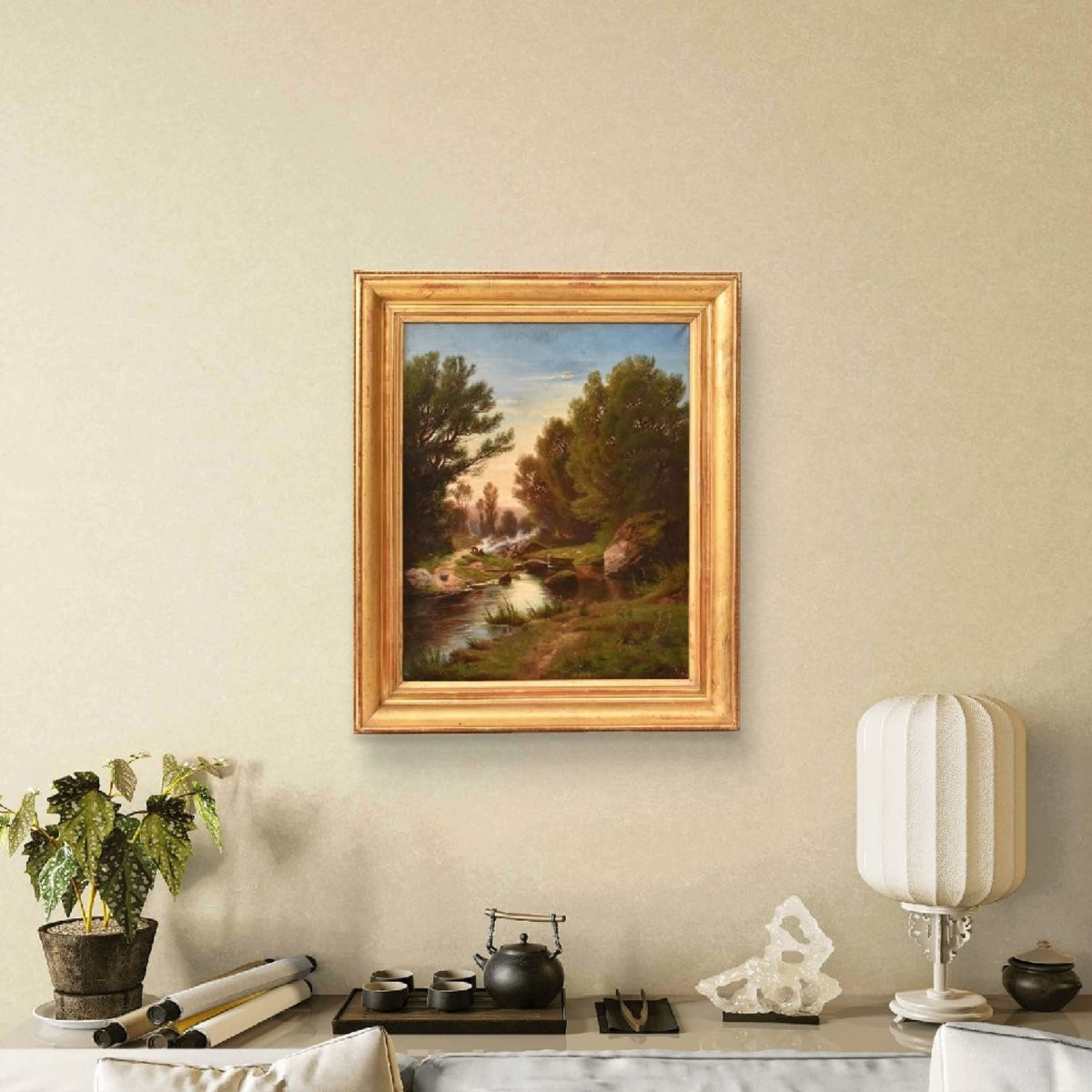 Mountain Landscape Painting, Antique Oil Landscape Painting, Washerwomen And River, XIX (qp739)-photo-2