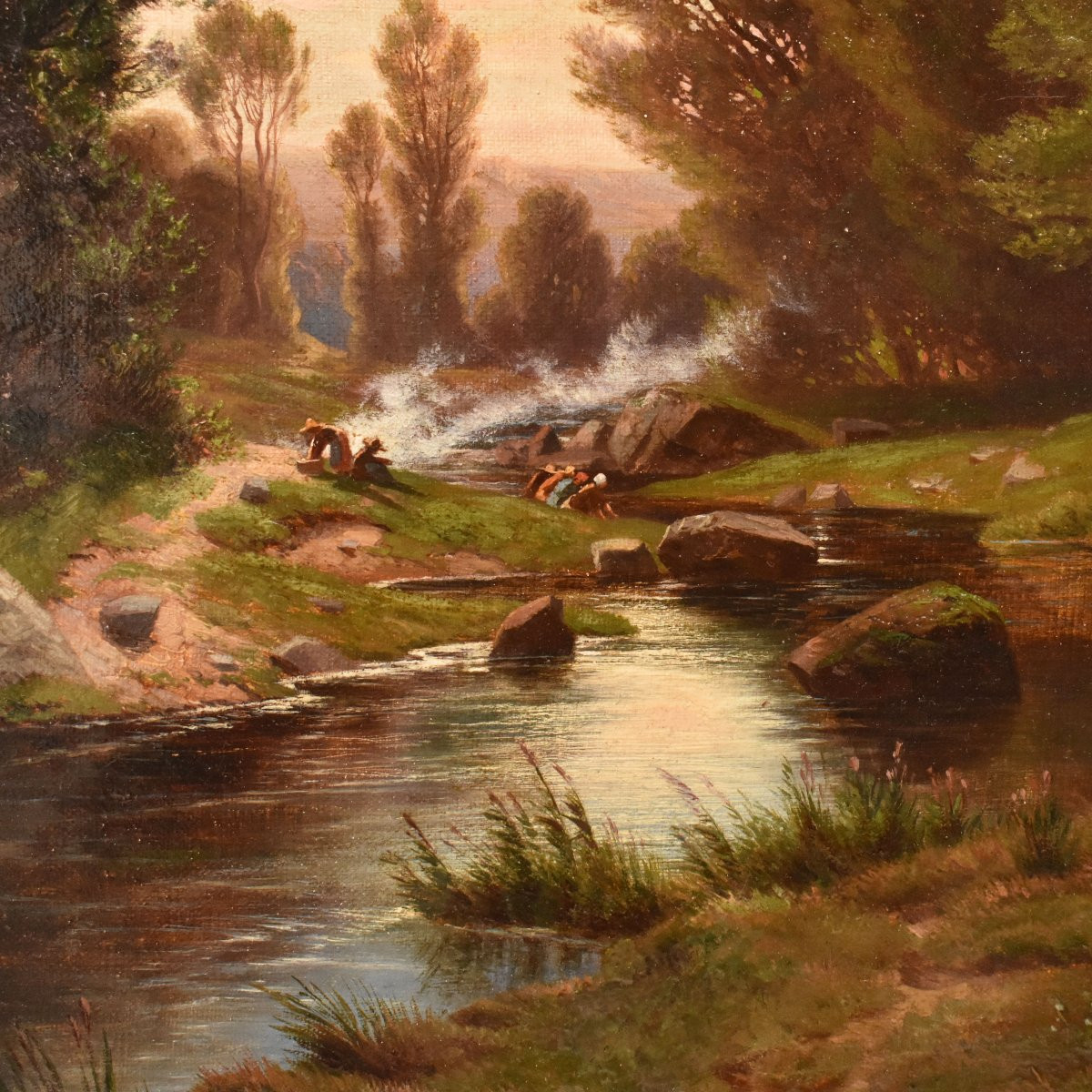 Mountain Landscape Painting, Antique Oil Landscape Painting, Washerwomen And River, XIX (qp739)-photo-4