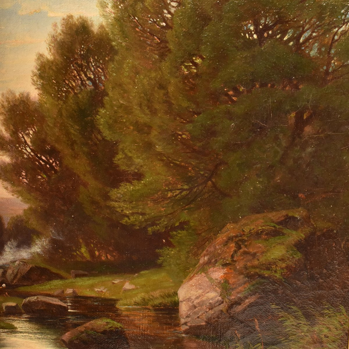 Mountain Landscape Painting, Antique Oil Landscape Painting, Washerwomen And River, XIX (qp739)-photo-3