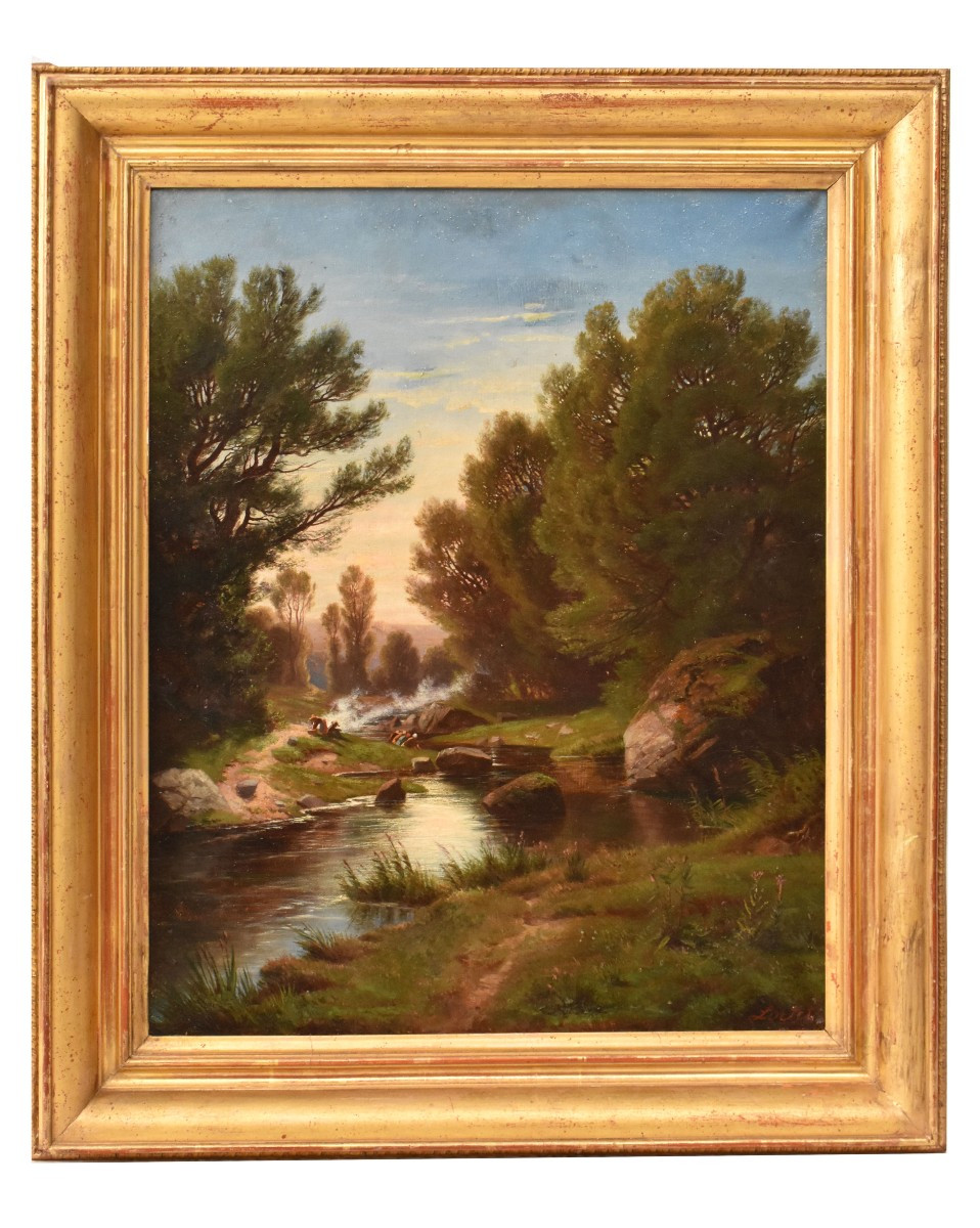 Mountain Landscape Painting, Antique Oil Landscape Painting, Washerwomen And River, XIX (qp739)