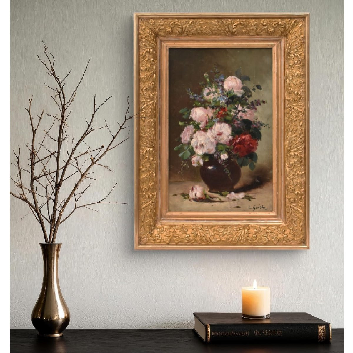 Antique Flower Painting, Small Peonies Flowers, Oil On Canvas, 19th Century. (qf740)-photo-2