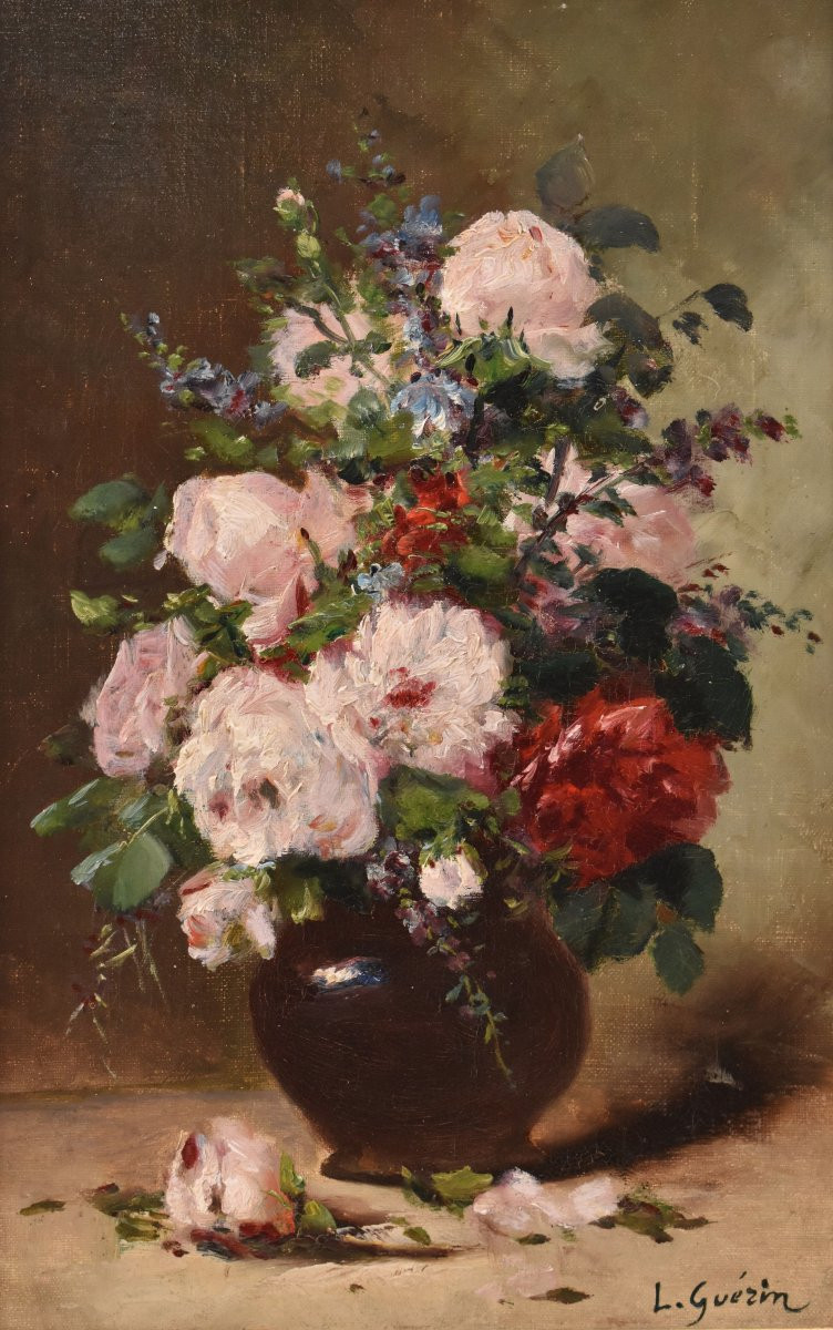 Antique Flower Painting, Small Peonies Flowers, Oil On Canvas, 19th Century. (qf740)-photo-3
