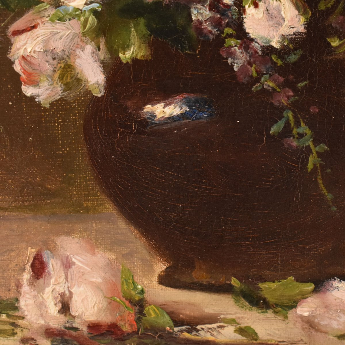 Antique Flower Painting, Small Peonies Flowers, Oil On Canvas, 19th Century. (qf740)-photo-4