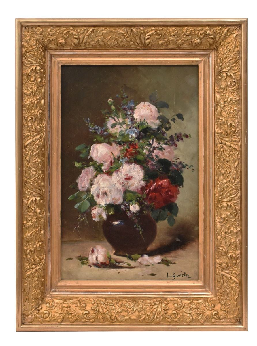 Antique Flower Painting, Small Peonies Flowers, Oil On Canvas, 19th Century. (qf740)