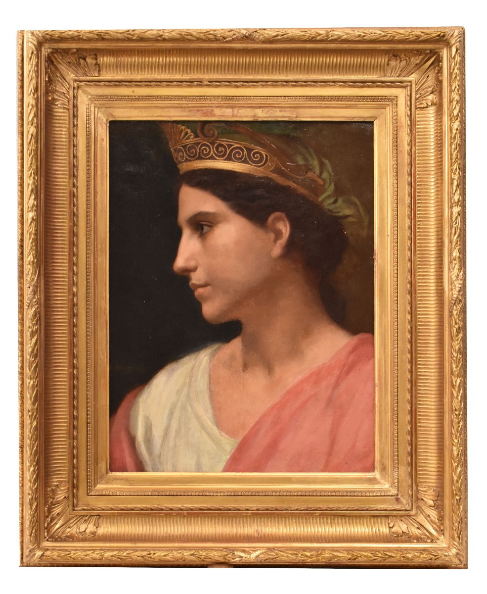 Tableau Ancien, Urbain Bourgeois, Portrait De Jeune Femme Néoclassique, Huile Sur Toile(QR 741)