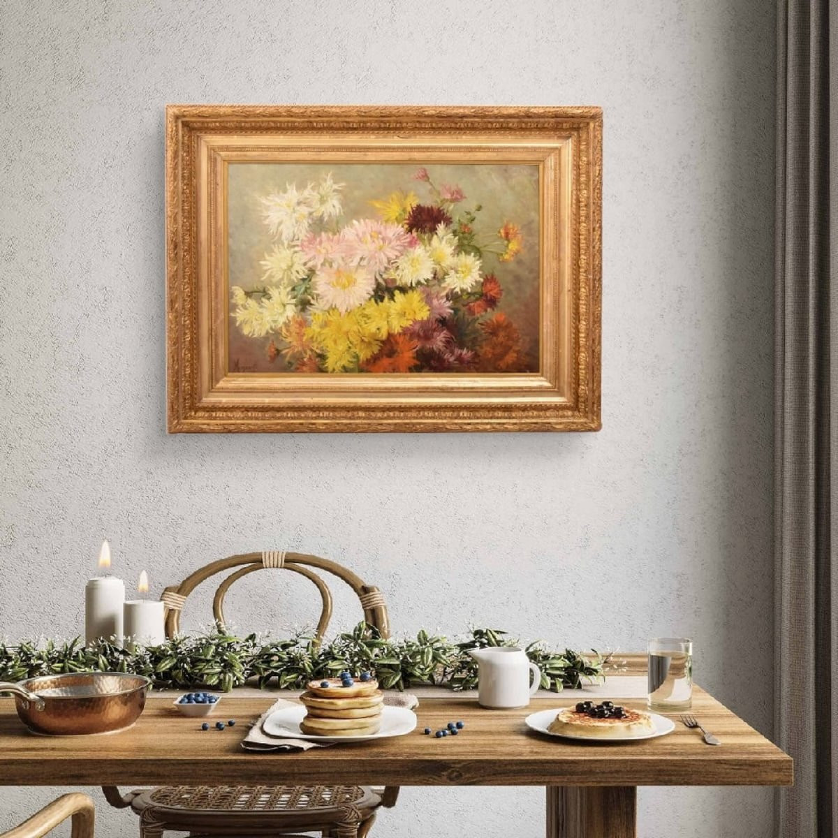 Still Life Painting, Flowers Vase Painting, Chrysanthemums, Asters Floral, Oil On Canvas(qf745)-photo-2