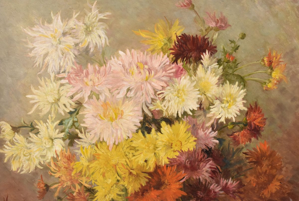Still Life Painting, Flowers Vase Painting, Chrysanthemums, Asters Floral, Oil On Canvas(qf745)-photo-3