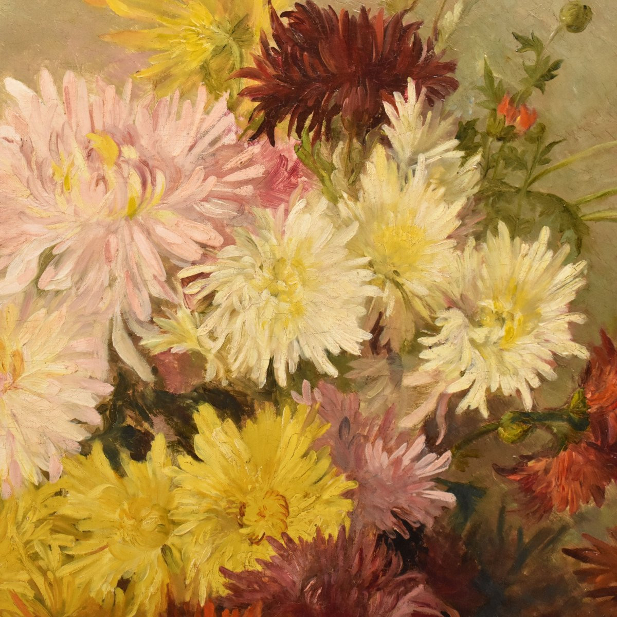 Still Life Painting, Flowers Vase Painting, Chrysanthemums, Asters Floral, Oil On Canvas(qf745)-photo-4
