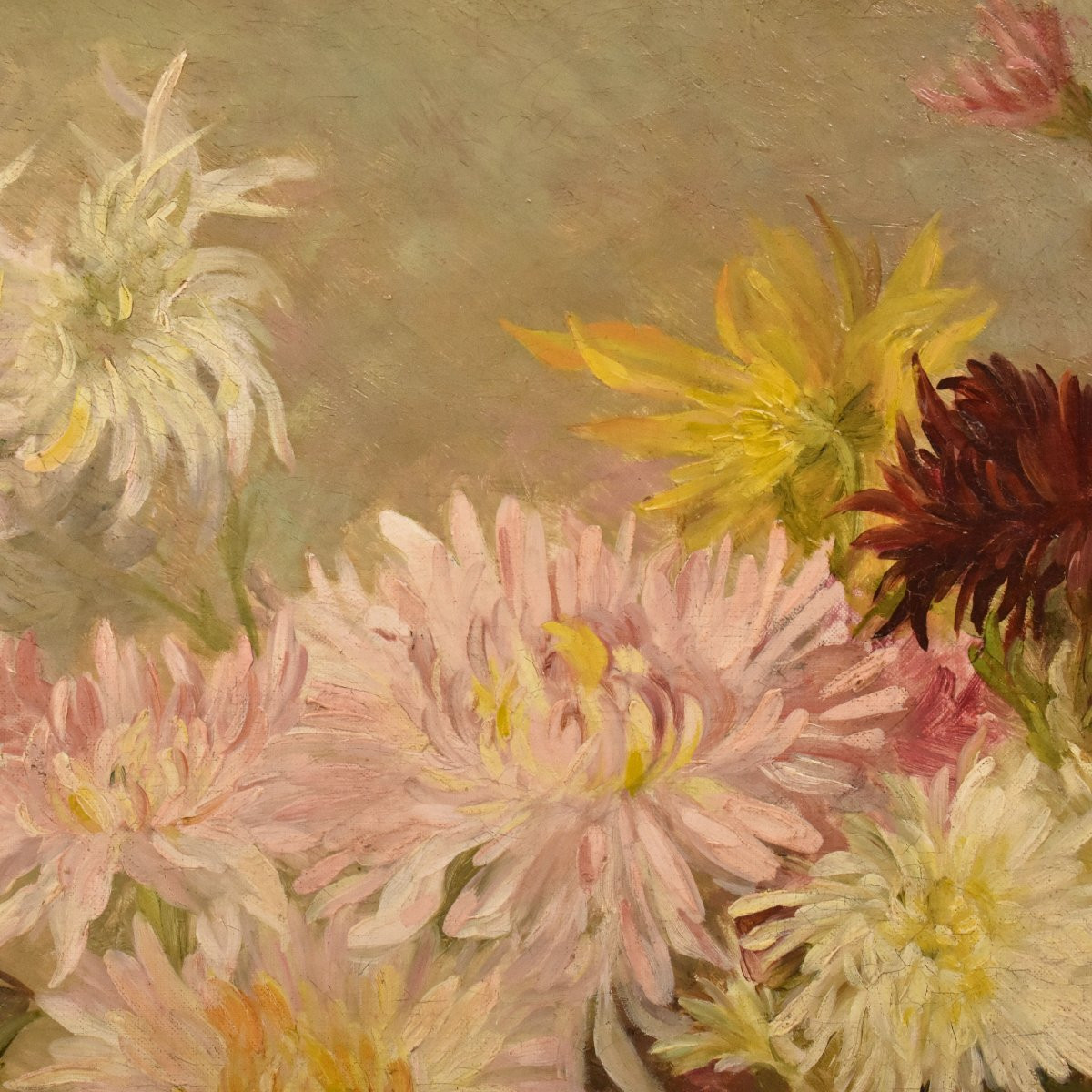 Still Life Painting, Flowers Vase Painting, Chrysanthemums, Asters Floral, Oil On Canvas(qf745)-photo-1