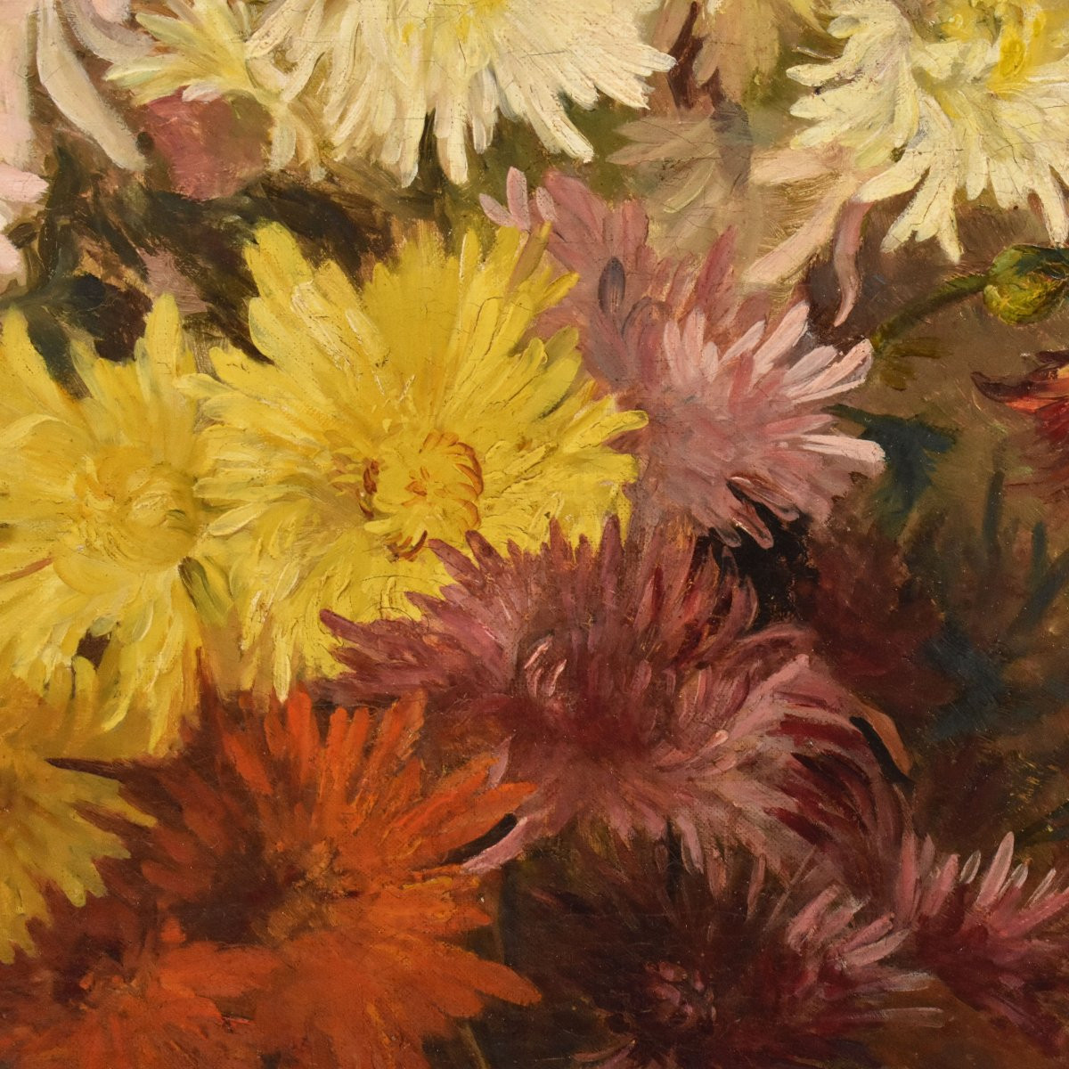Still Life Painting, Flowers Vase Painting, Chrysanthemums, Asters Floral, Oil On Canvas(qf745)-photo-3