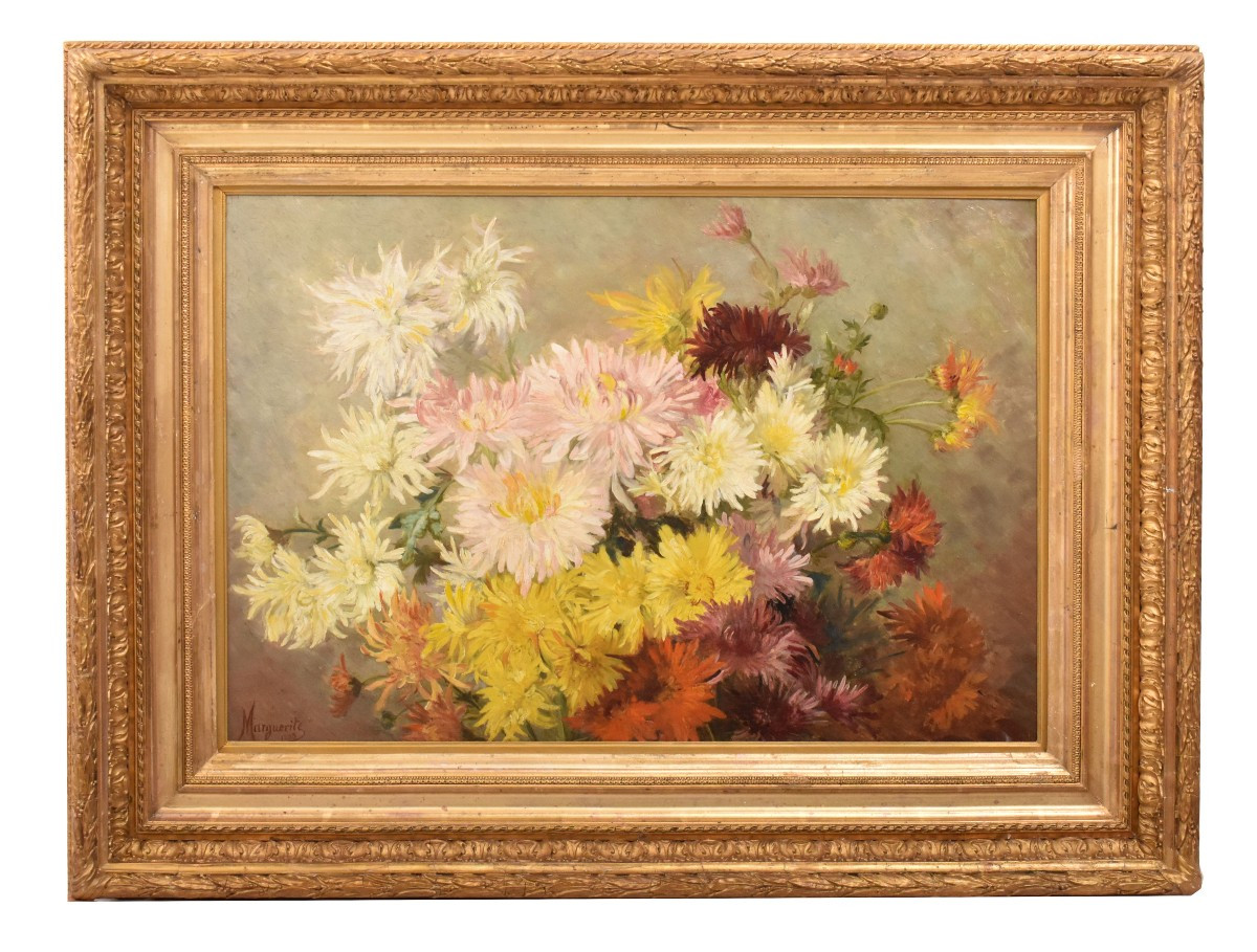 Still Life Painting, Flowers Vase Painting, Chrysanthemums, Asters Floral, Oil On Canvas(qf745)