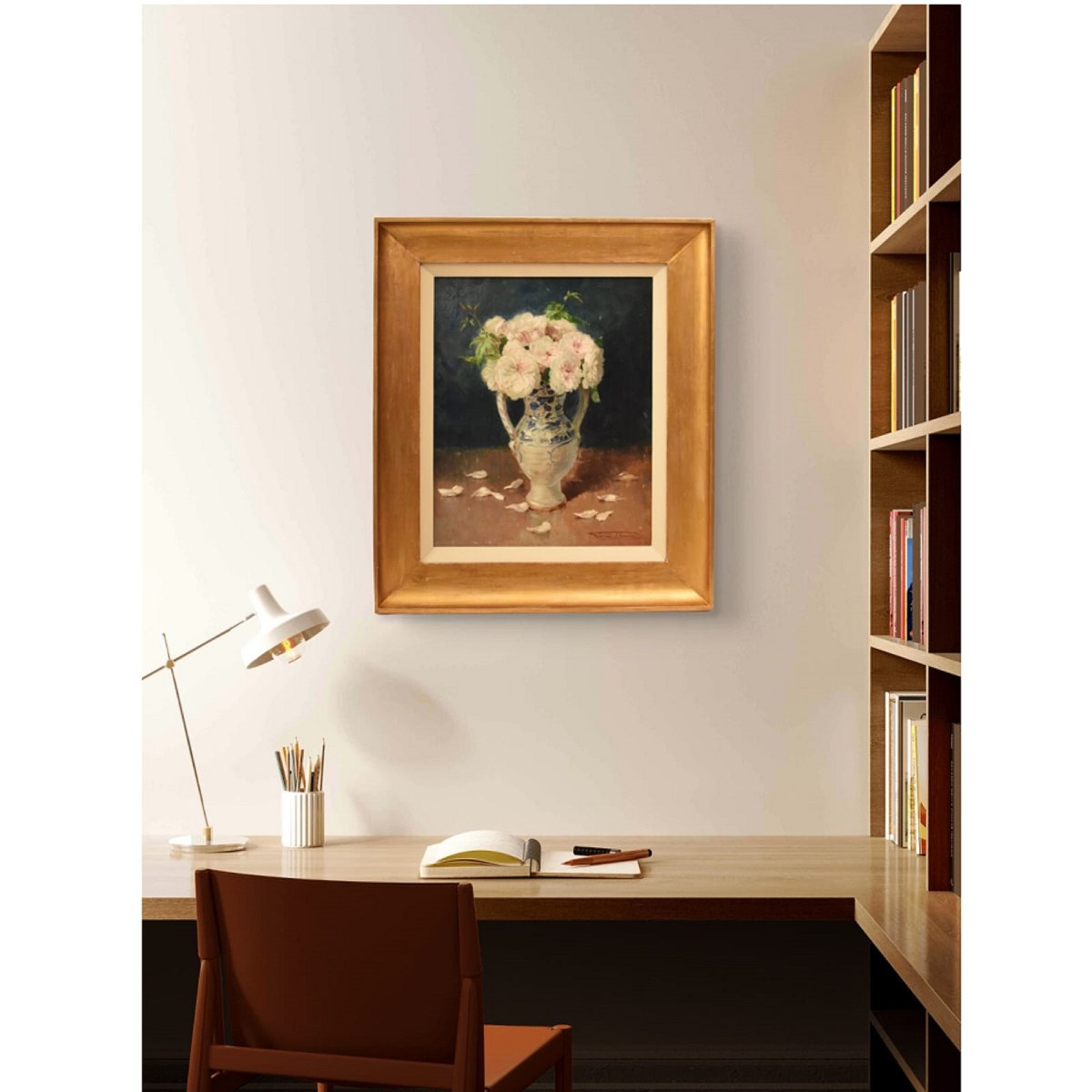 Tableau Ancien Fleurs, Henri Joseph Thomas, Roses Blanches, nature morte (QF746)-photo-2