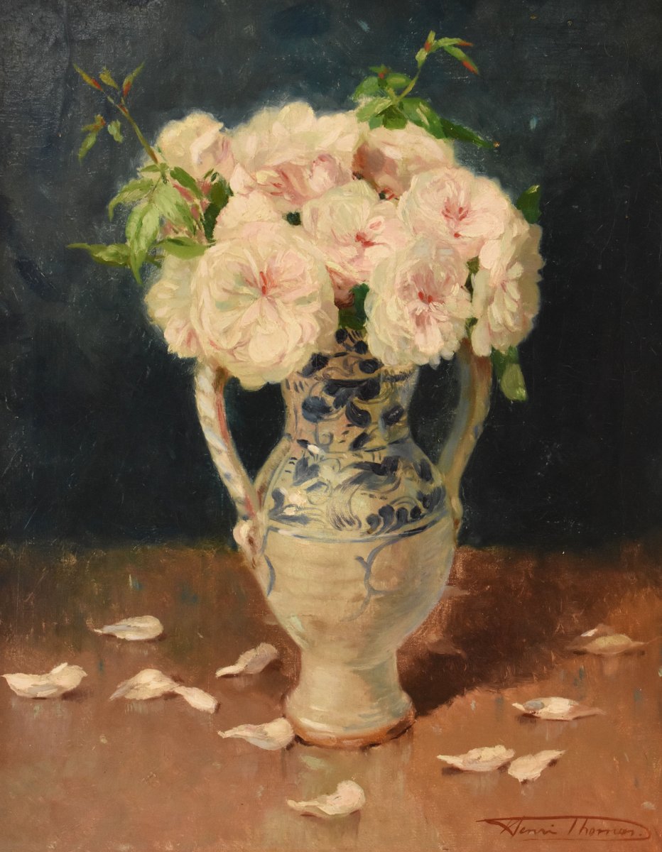 Tableau Ancien Fleurs, Henri Joseph Thomas, Roses Blanches, nature morte (QF746)-photo-3