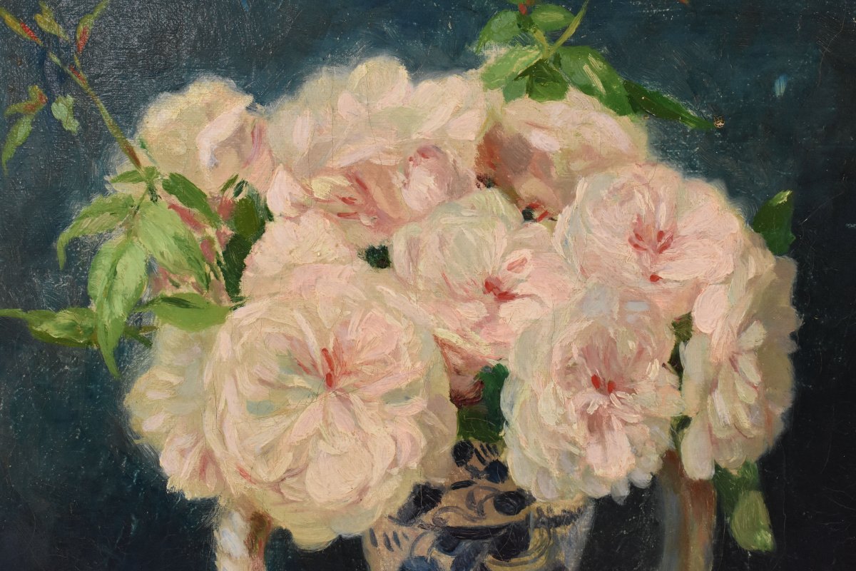 Tableau Ancien Fleurs, Henri Joseph Thomas, Roses Blanches, nature morte (QF746)-photo-4
