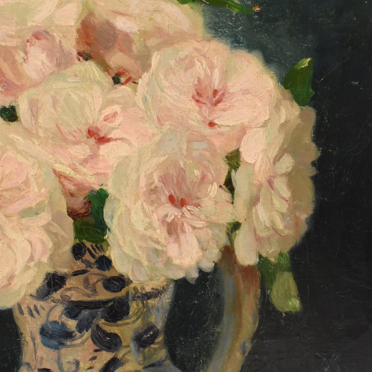 Tableau Ancien Fleurs, Henri Joseph Thomas, Roses Blanches, nature morte (QF746)-photo-2