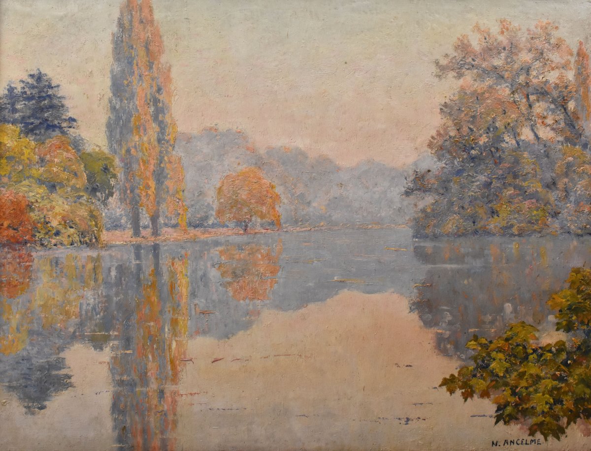 Antique Painting, Narcisse Ancelme, Landscape With Lake, Early XX Century. (qp747)-photo-3