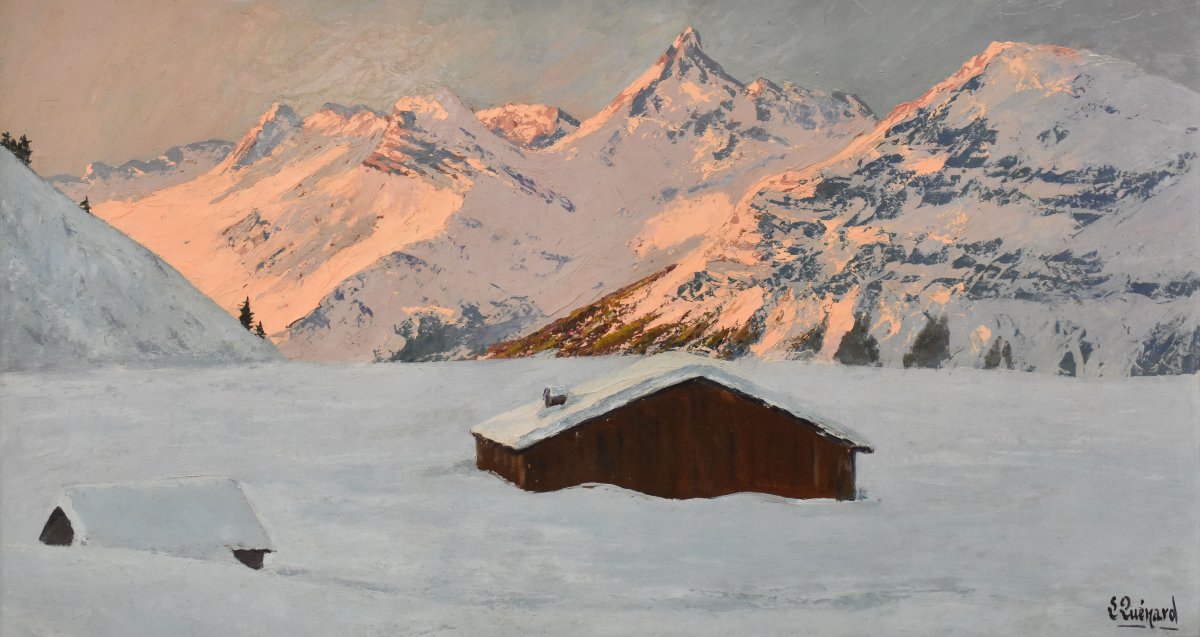 Landscape Painting, Mountain With Snow, Alps, Oil On Panel, XX. (qp749)-photo-3
