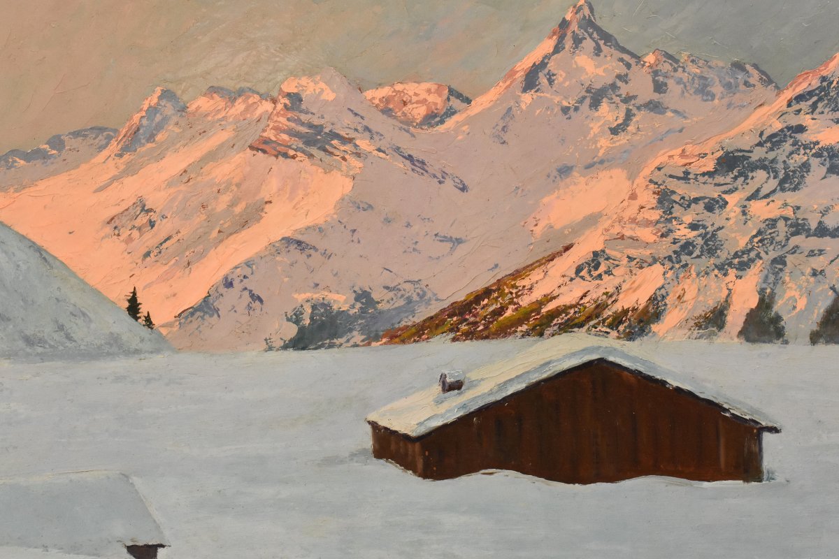 Landscape Painting, Mountain With Snow, Alps, Oil On Panel, XX. (qp749)-photo-4