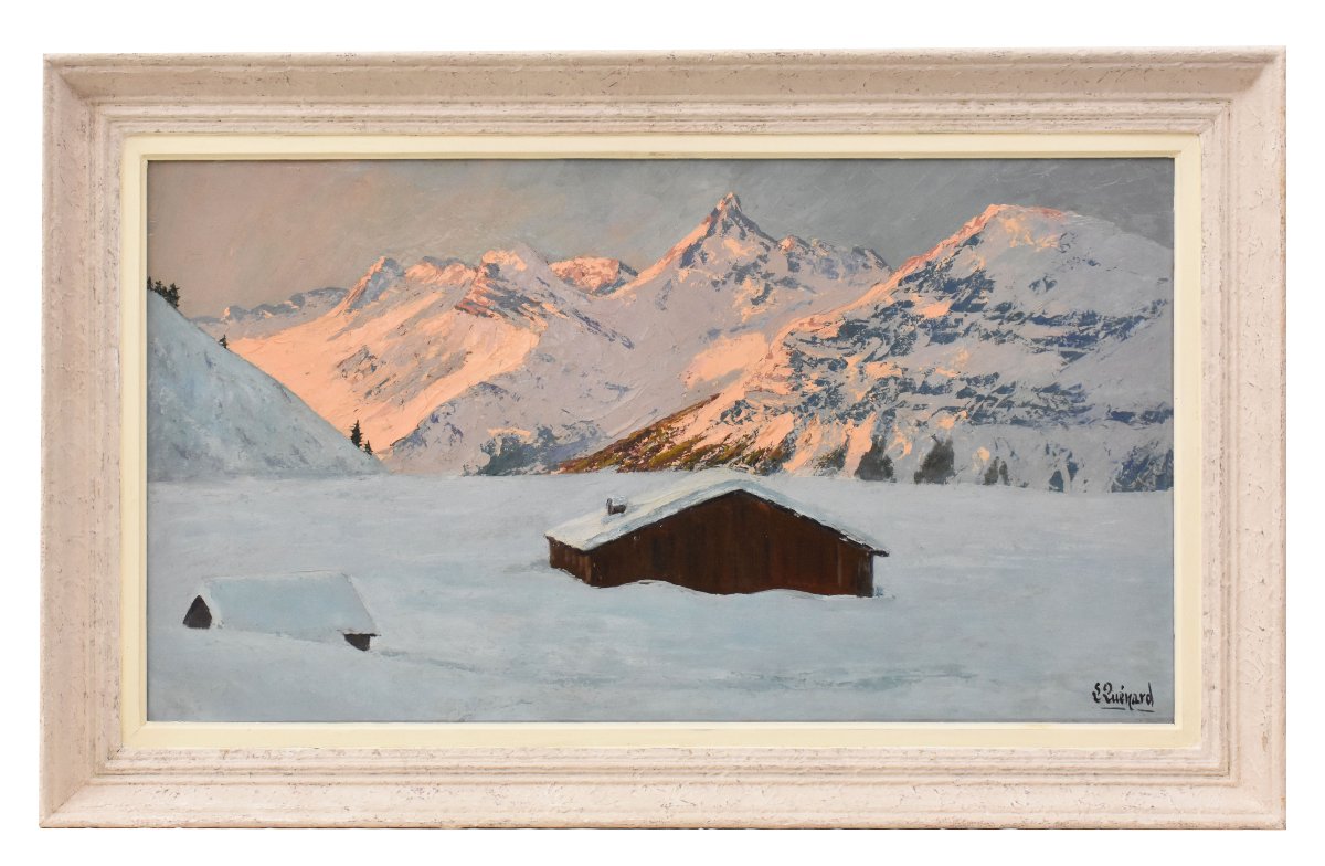 Landscape Painting, Mountain With Snow, Alps, Oil On Panel, XX. (qp749)