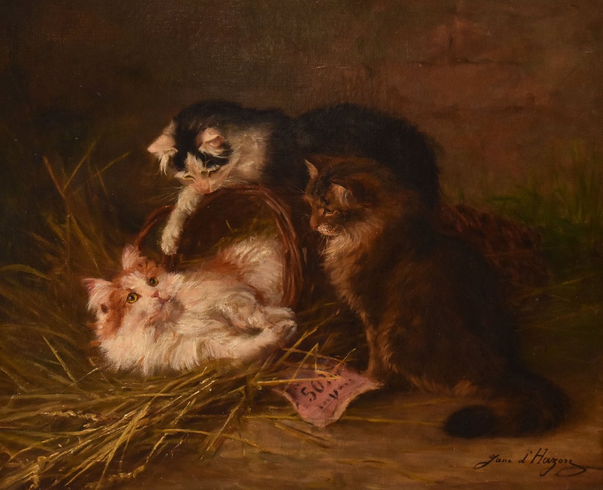 Tableau Ancien, Jane d’Hazon, Portraits De Chats, Petits Chatons, XIXè Siècle. (QA750)-photo-3
