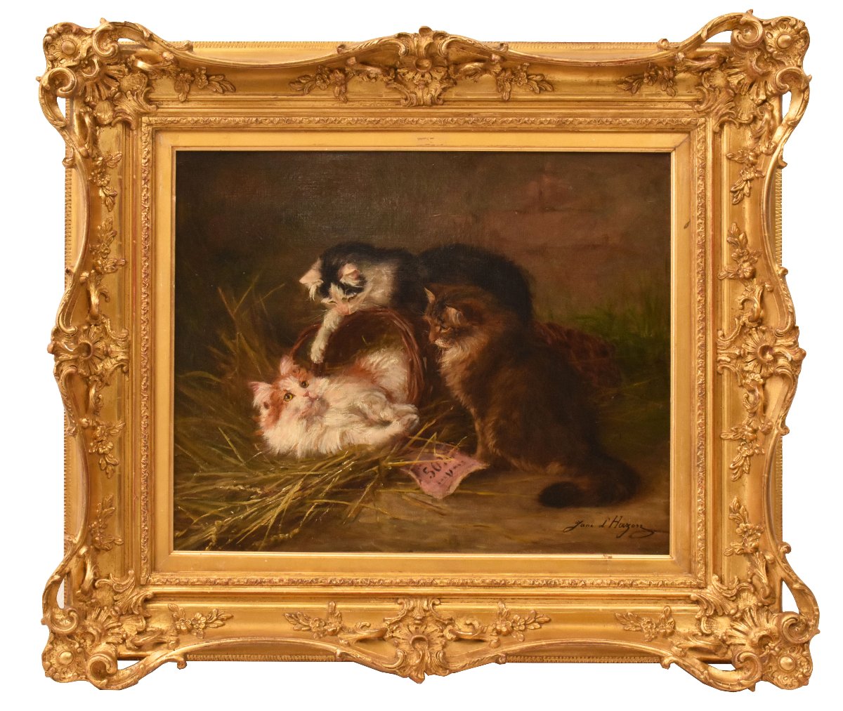 Tableau Ancien, Jane d’Hazon, Portraits De Chats, Petits Chatons, XIXè Siècle. (QA750)