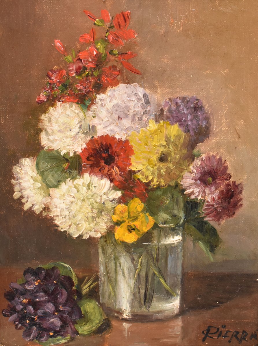 Tableau Ancien Fleurs, Nicolas Constant Pierrat, Dahlias Et Violettes. (QF752)-photo-3