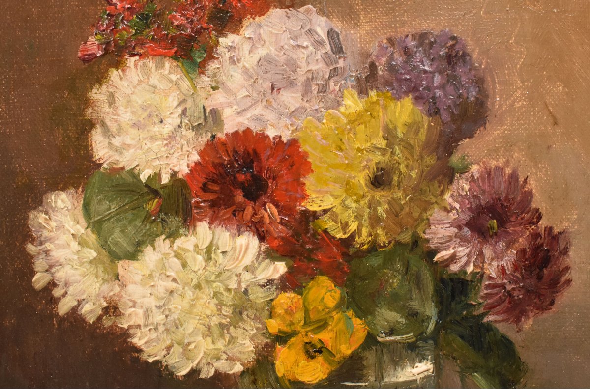 Tableau Ancien Fleurs, Nicolas Constant Pierrat, Dahlias Et Violettes. (QF752)-photo-4