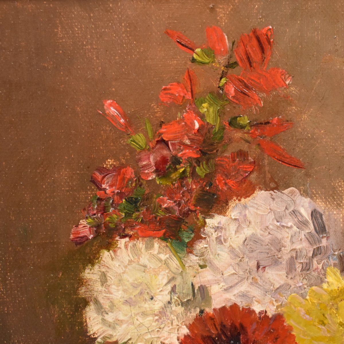 Tableau Ancien Fleurs, Nicolas Constant Pierrat, Dahlias Et Violettes. (QF752)-photo-1