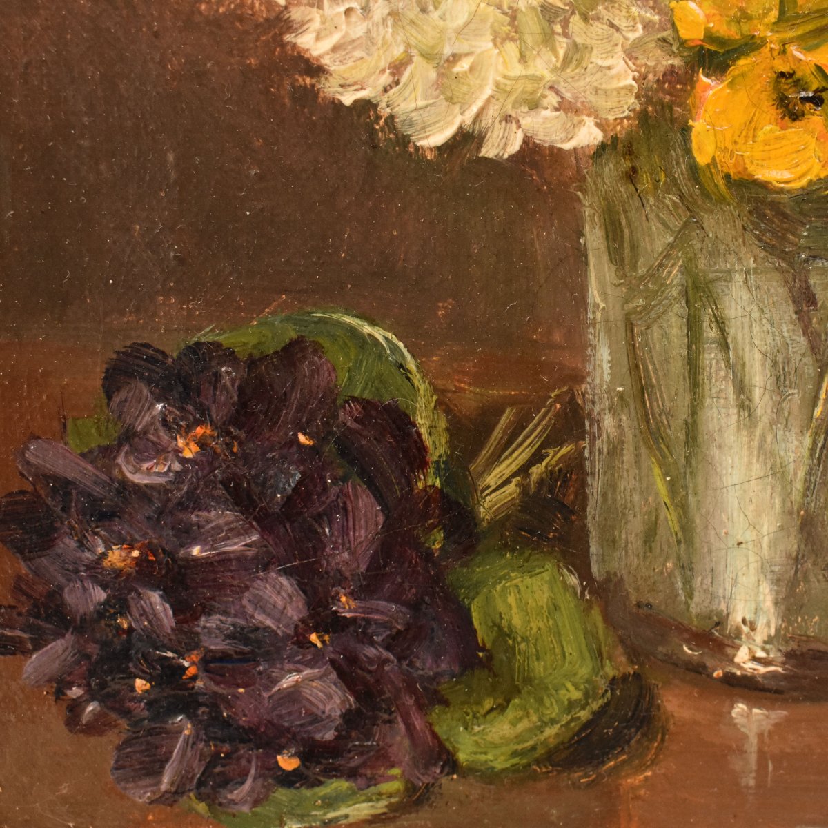 Tableau Ancien Fleurs, Nicolas Constant Pierrat, Dahlias Et Violettes. (QF752)-photo-2