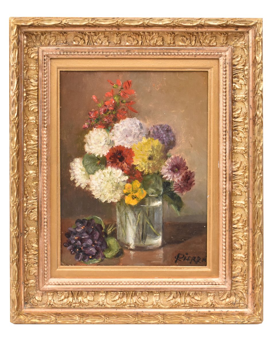 Tableau Ancien Fleurs, Nicolas Constant Pierrat, Dahlias Et Violettes. (QF752)