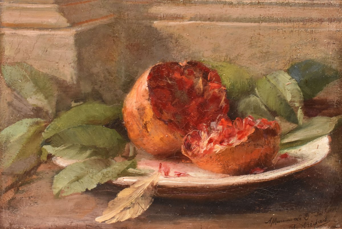 Tableau Ancien, Auguste Aridas, Petite Nature Morte à la Grenade, XIX Siècle. (QNM754)-photo-3