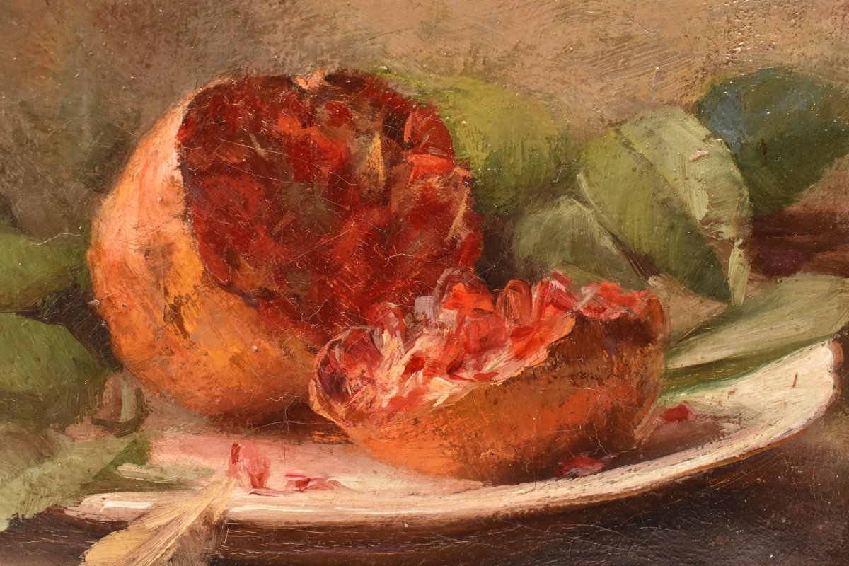 Tableau Ancien, Auguste Aridas, Petite Nature Morte à la Grenade, XIX Siècle. (QNM754)-photo-4