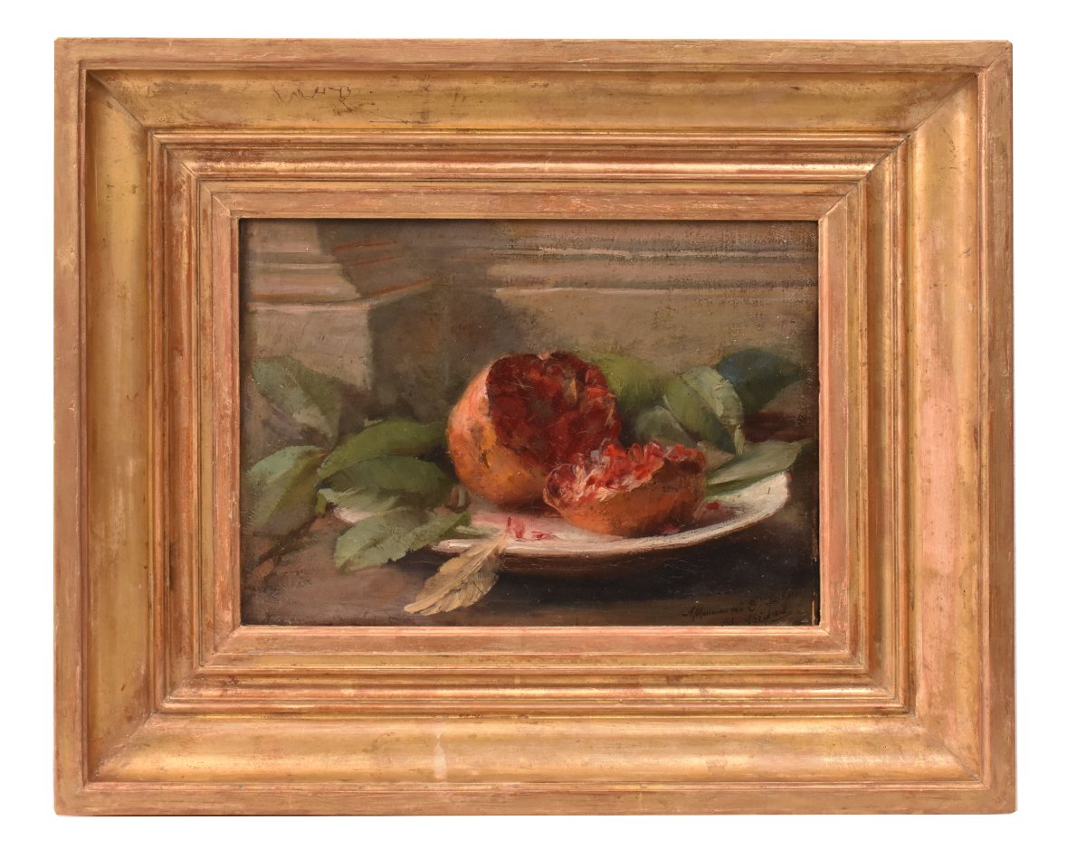 Tableau Ancien, Auguste Aridas, Petite Nature Morte à la Grenade, XIX Siècle. (QNM754)