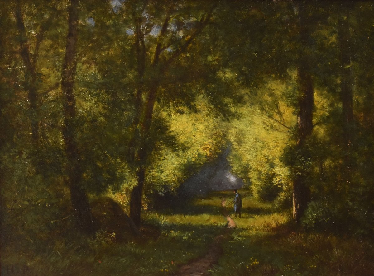 Tableau Ancien, Hector Pron, Petit Paysage Sous Bois, Huile Sur Panneau, XIXème Siècle. (QP755)-photo-3