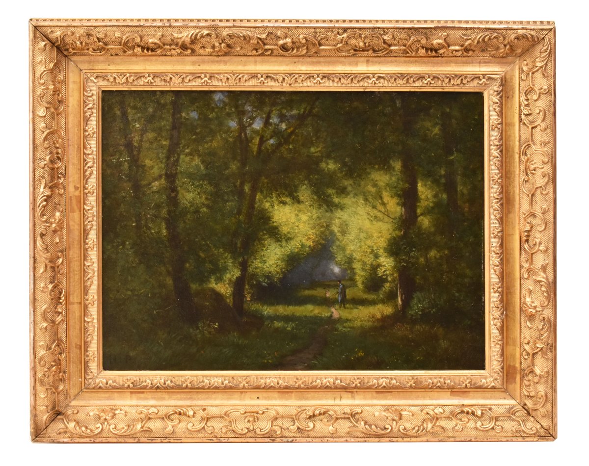 Tableau Ancien, Hector Pron, Petit Paysage Sous Bois, Huile Sur Panneau, XIXème Siècle. (QP755)