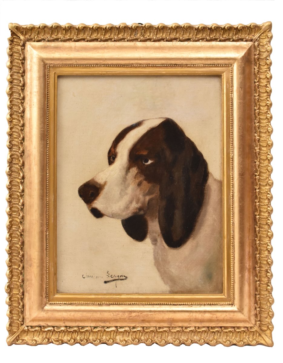 Tableau Ancien, Théodore Lévigne, Portraits De chiens De Chasse, Huile Sur Toile, XIX (QA756)