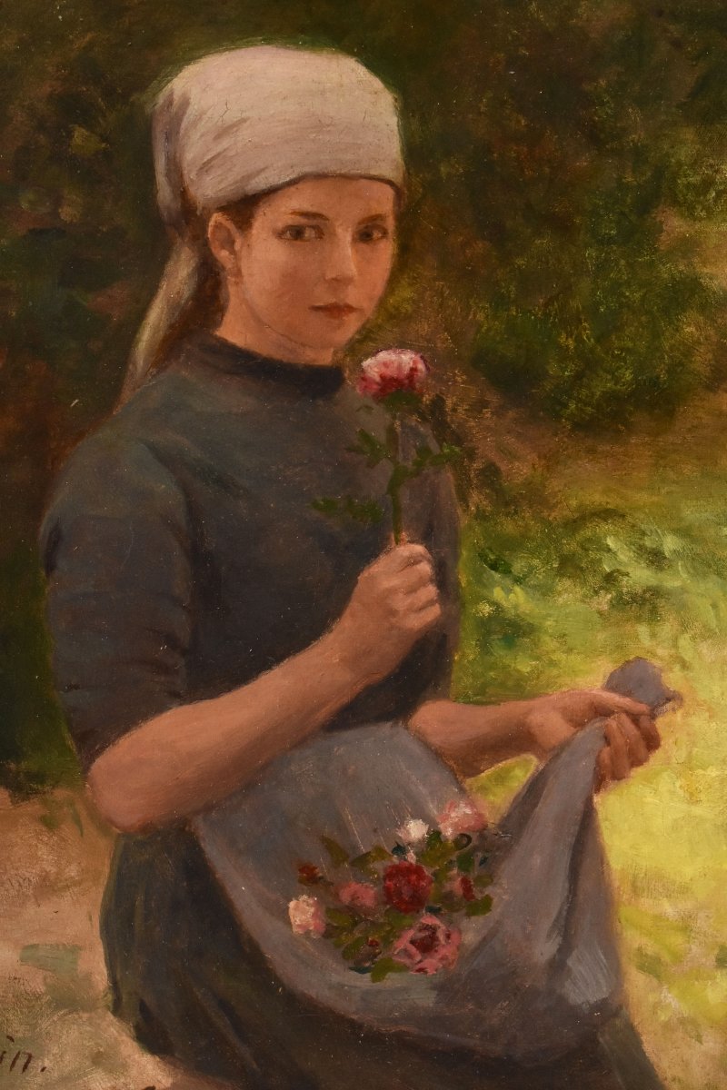 Antique Woman Portrait Painting, Young Woman, Oil On Canvas, XIX Century. (qr757) -photo-3