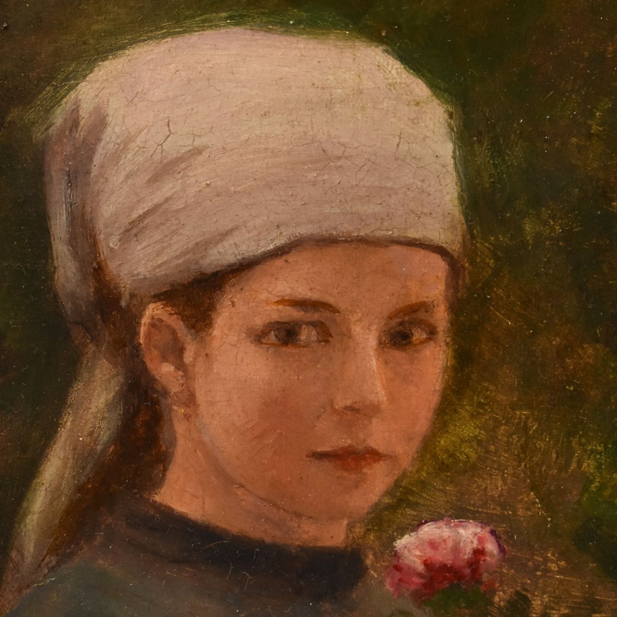 Antique Woman Portrait Painting, Young Woman, Oil On Canvas, XIX Century. (qr757) -photo-4