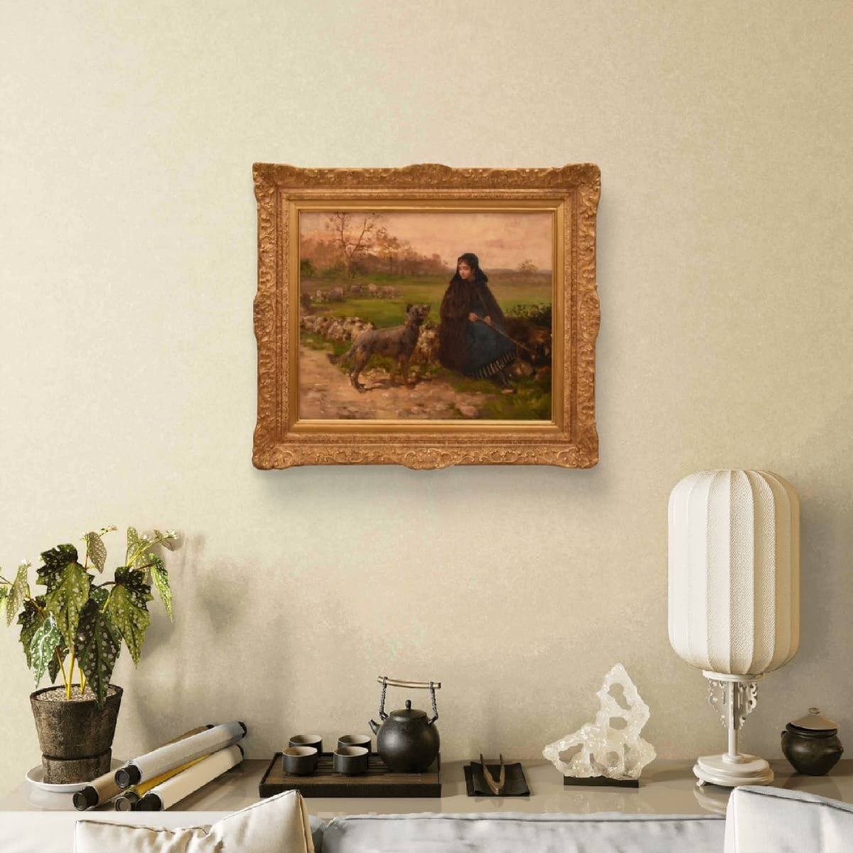 Tableau Ancien, Charles Jean Auguste Escudier, Bergère Avec Chien, XIXème Siècle. (QP759)-photo-2