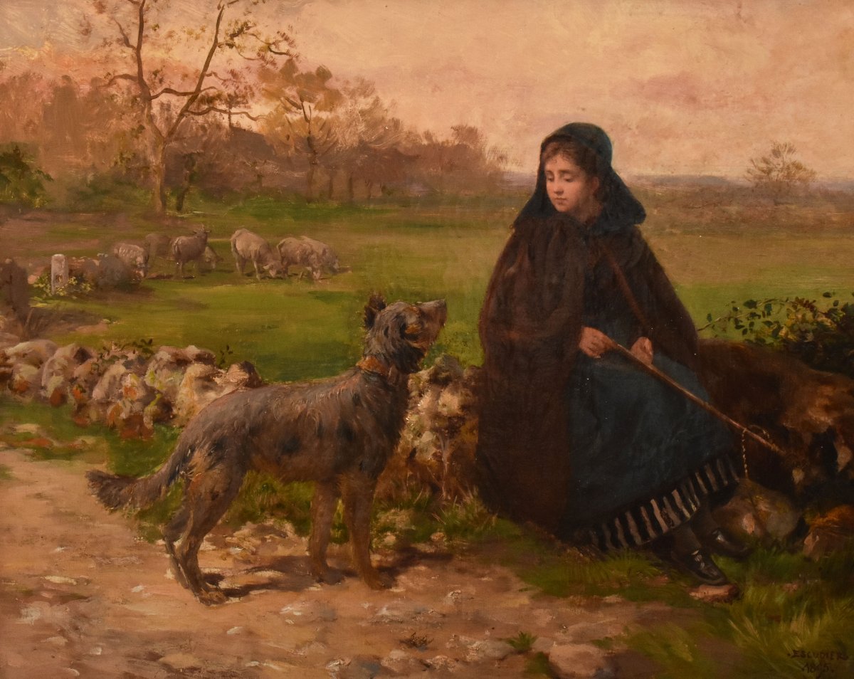 Tableau Ancien, Charles Jean Auguste Escudier, Bergère Avec Chien, XIXème Siècle. (QP759)-photo-3