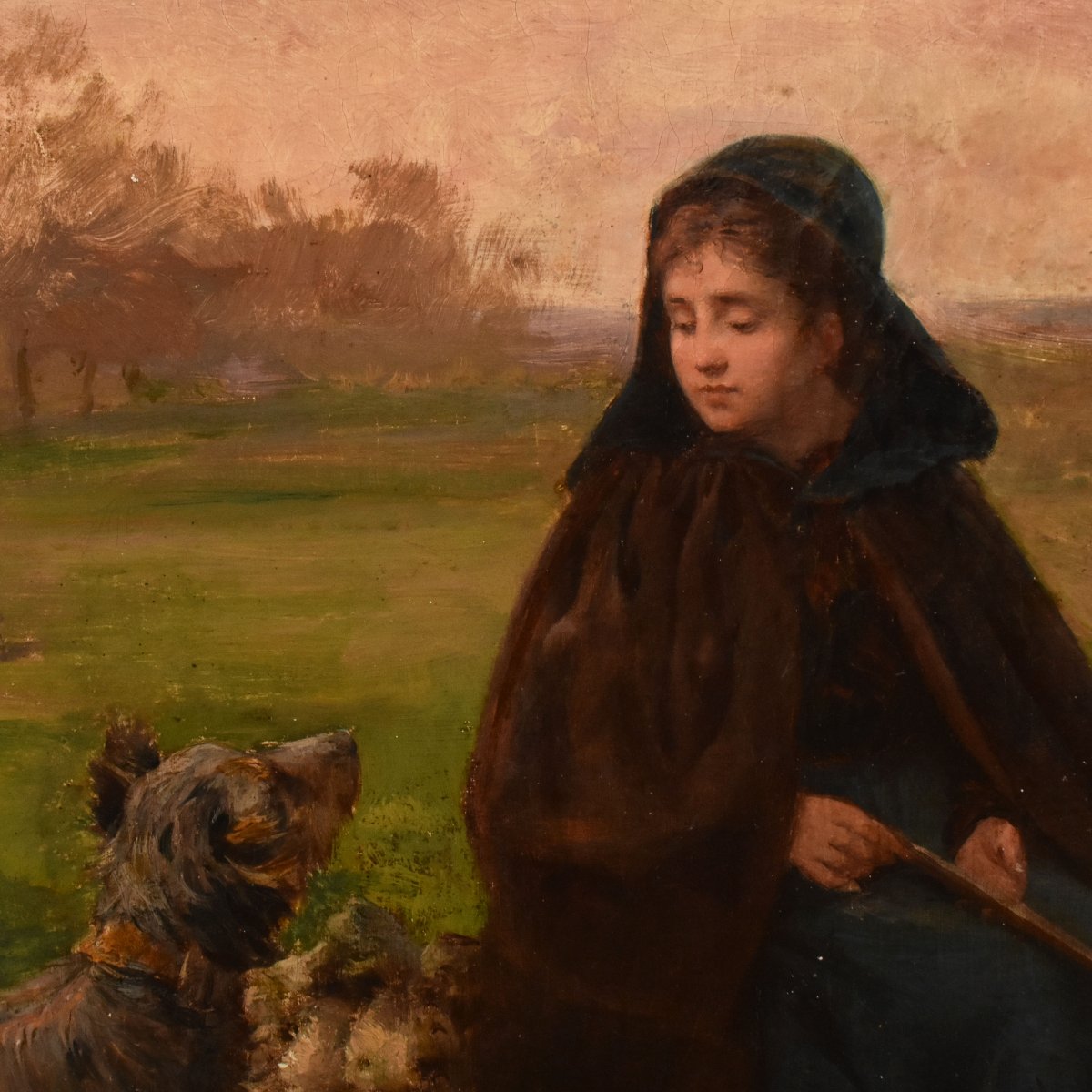 Tableau Ancien, Charles Jean Auguste Escudier, Bergère Avec Chien, XIXème Siècle. (QP759)-photo-4