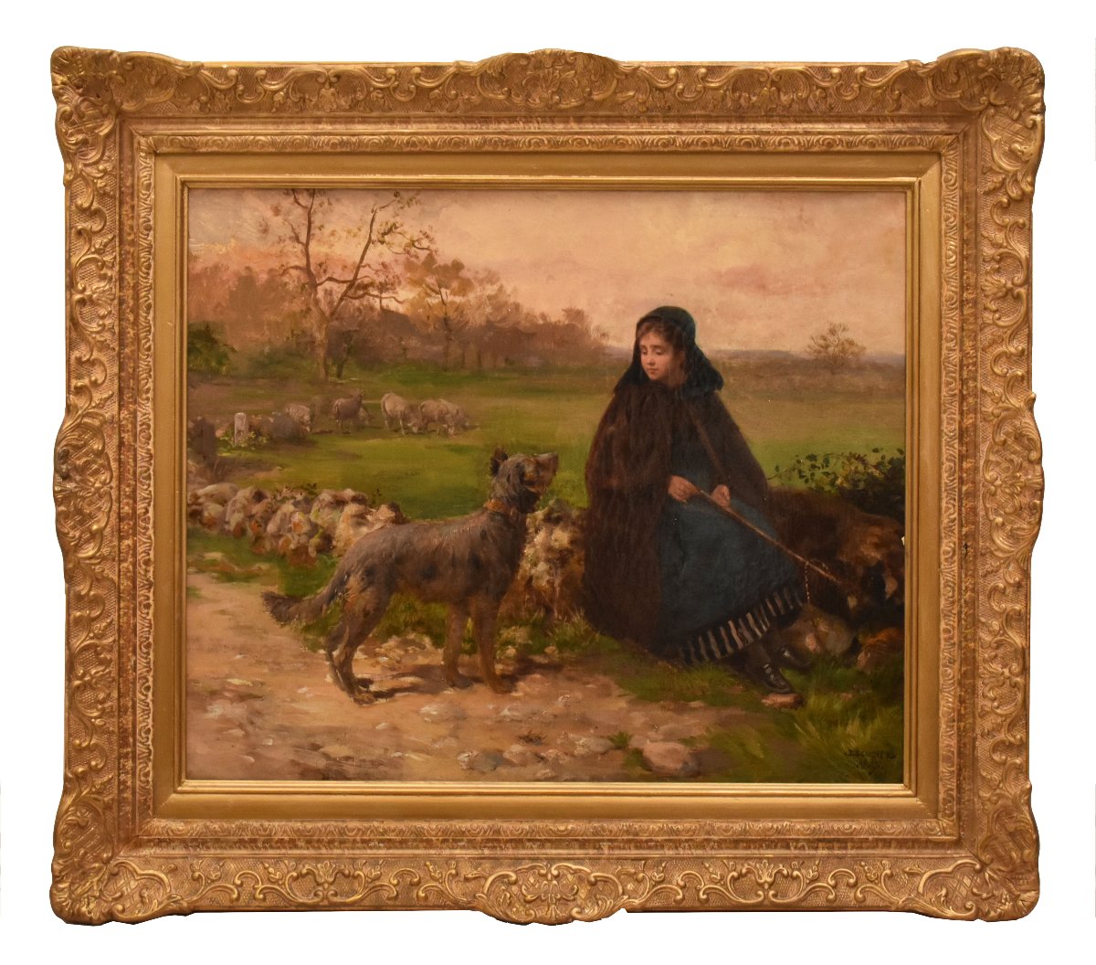 Tableau Ancien, Charles Jean Auguste Escudier, Bergère Avec Chien, XIXème Siècle. (QP759)