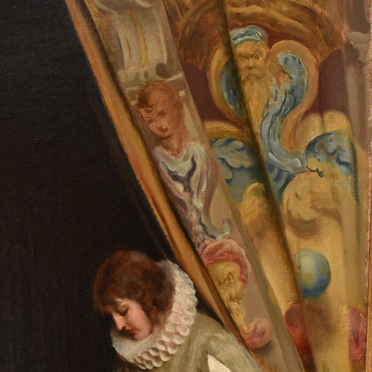 Antique Italian Genre Painting, Interior Scene, Oil On Canvas, XIX Century. (qr760) -photo-2