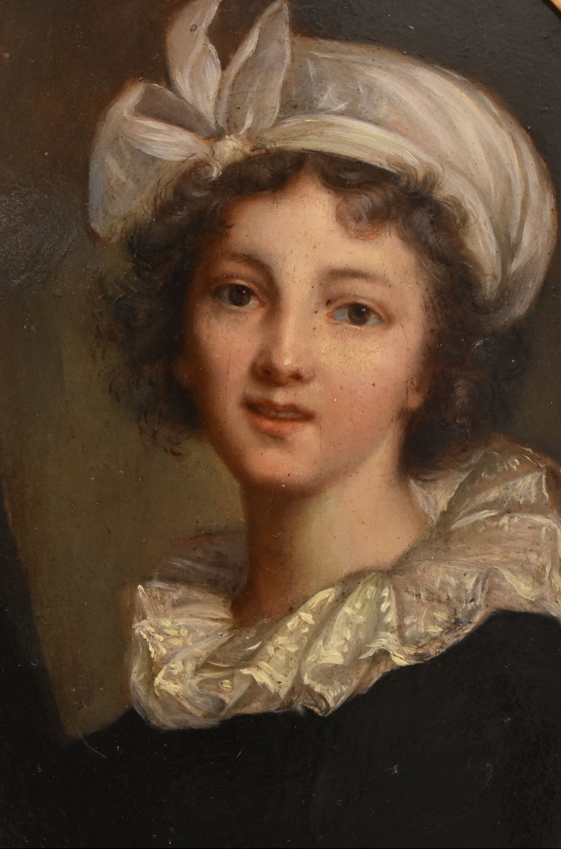 Tableau Ovale Ancien, Petit Portrait De Jeune Femme, Huile Sur Carton, XIXè Siècle. (QR761)-photo-4