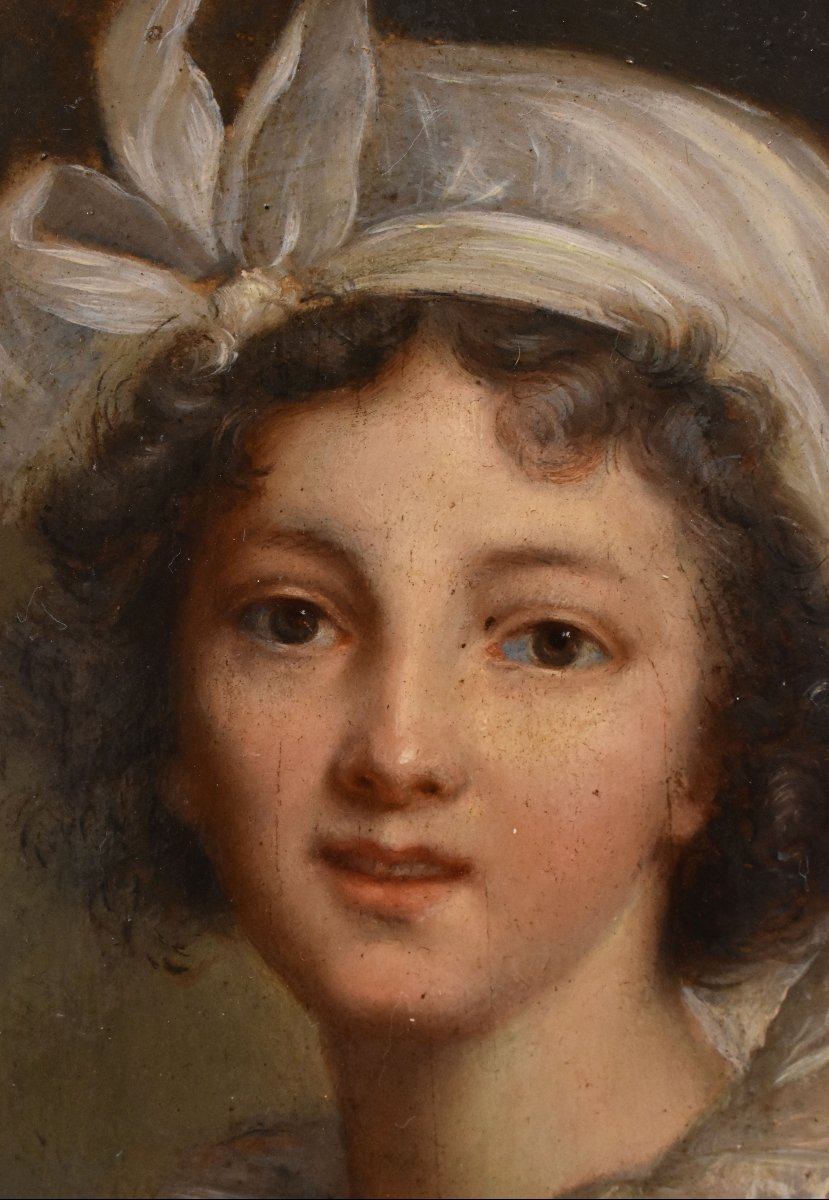 Tableau Ovale Ancien, Petit Portrait De Jeune Femme, Huile Sur Carton, XIXè Siècle. (QR761)-photo-2