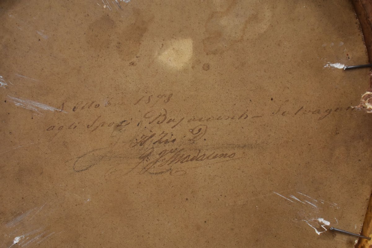 Tableau Ovale Ancien, Petit Portrait De Jeune Femme, Huile Sur Carton, XIXè Siècle. (QR761)-photo-4